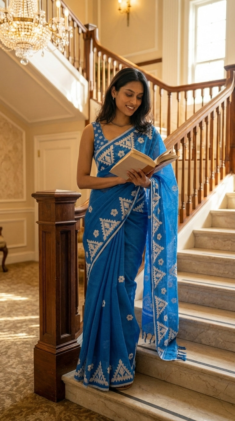 Woman in a blue-white-applique-kota-saree, reading a book on a staircase
