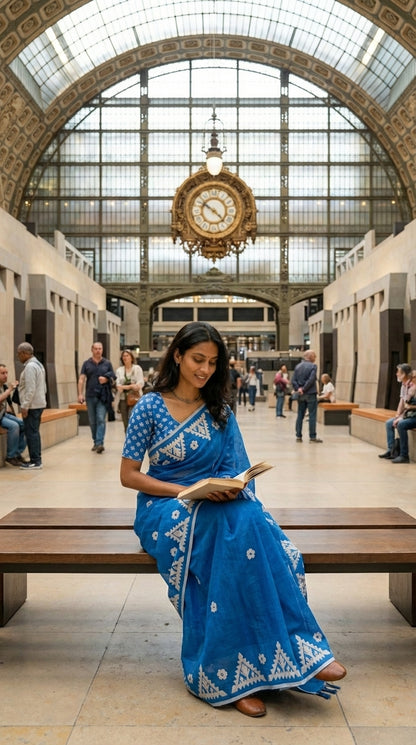 Woman in a blue-white-applique-kota-saree, reading a book in a large, ornate building with high ceilings and large windows.