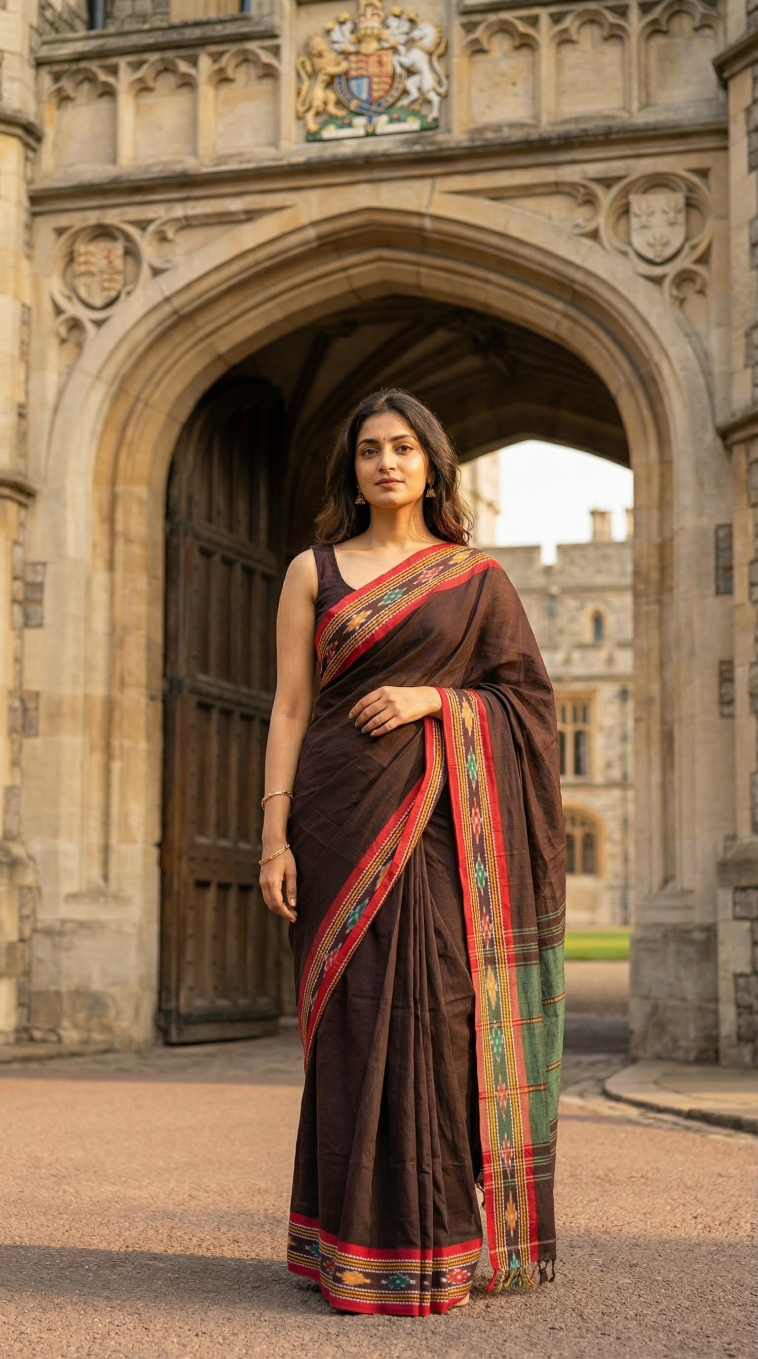 Woman in a brown-mul-cotton-ikat-saree, standing in front of an archway with architectural details