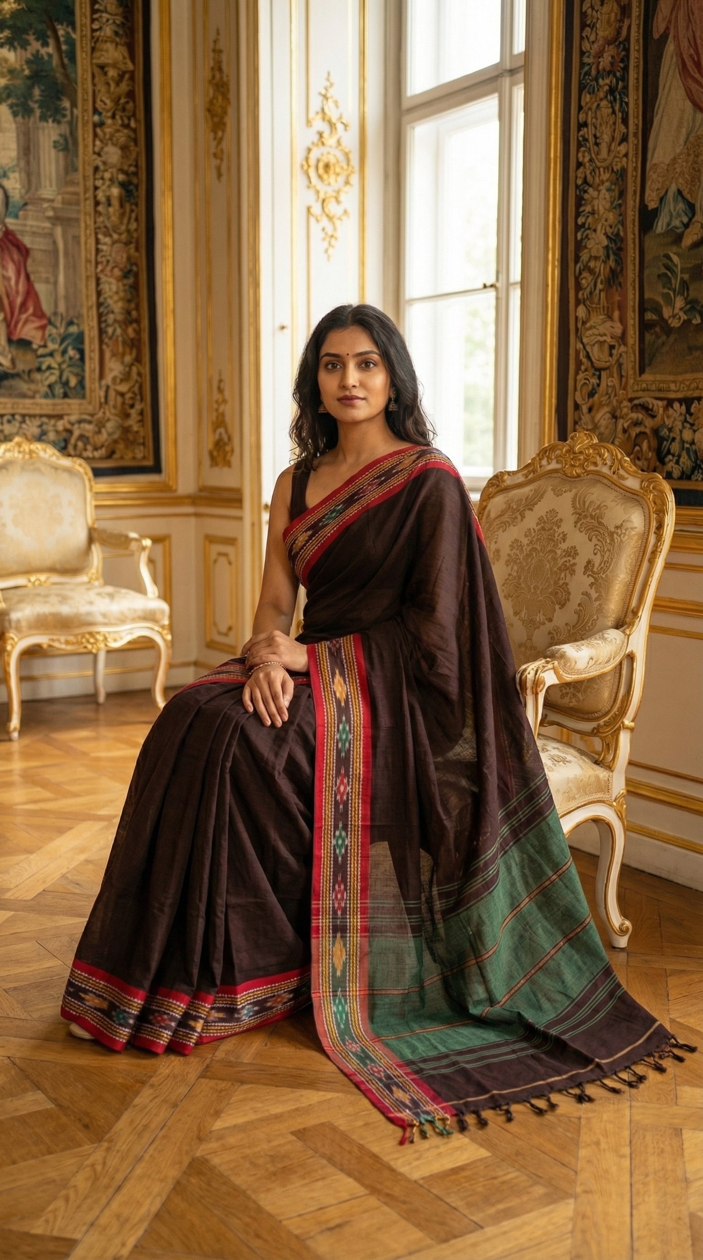 Woman in a brown-mul-cotton-ikat-saree, sitting in an elegant room with classical decor.