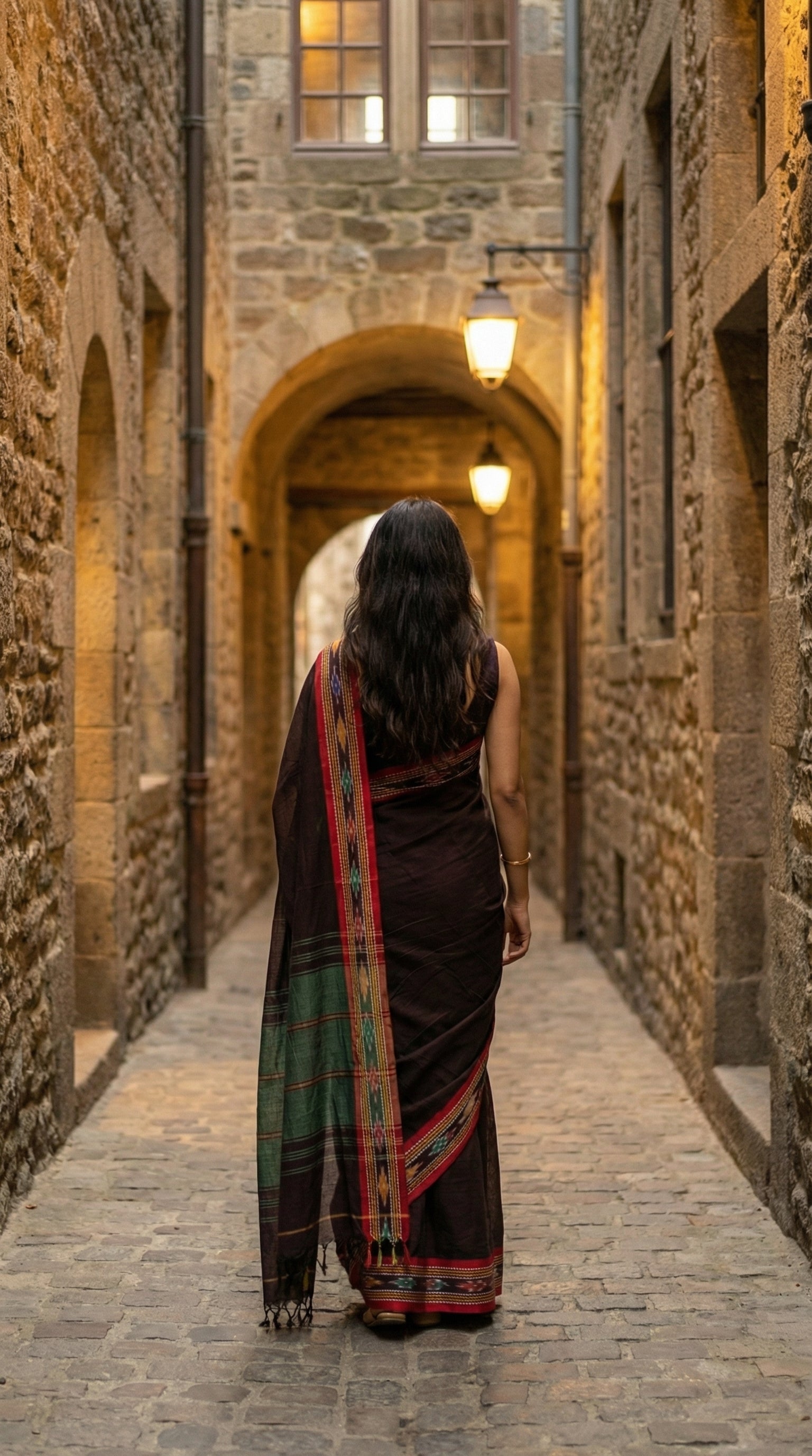 Woman in a brown-mul-cotton-ikat-saree, walking down a stone alleyway in an old town.