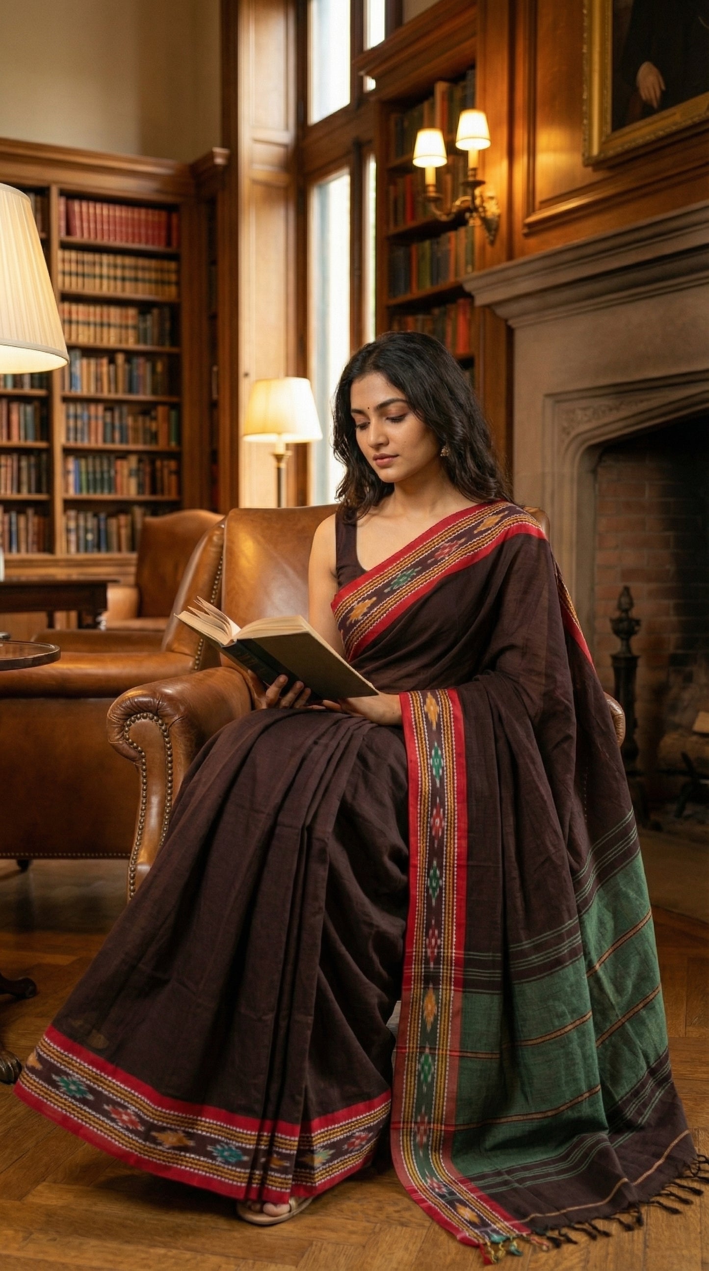 Woman in a brown-mul-cotton-ikat-saree, reading a book in a library setting