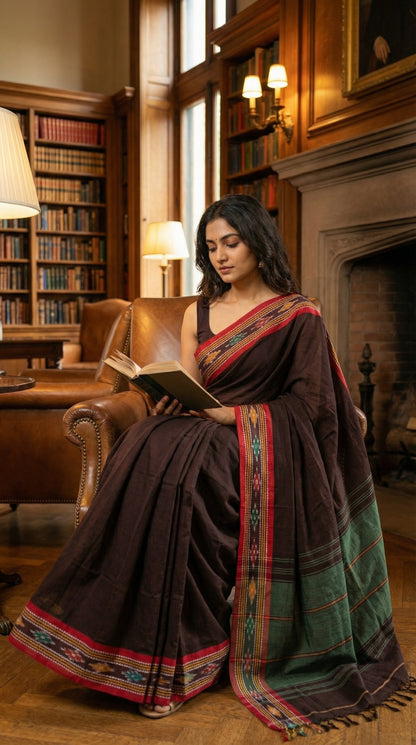 Woman in a brown-mul-cotton-ikat-saree, reading a book in a library setting