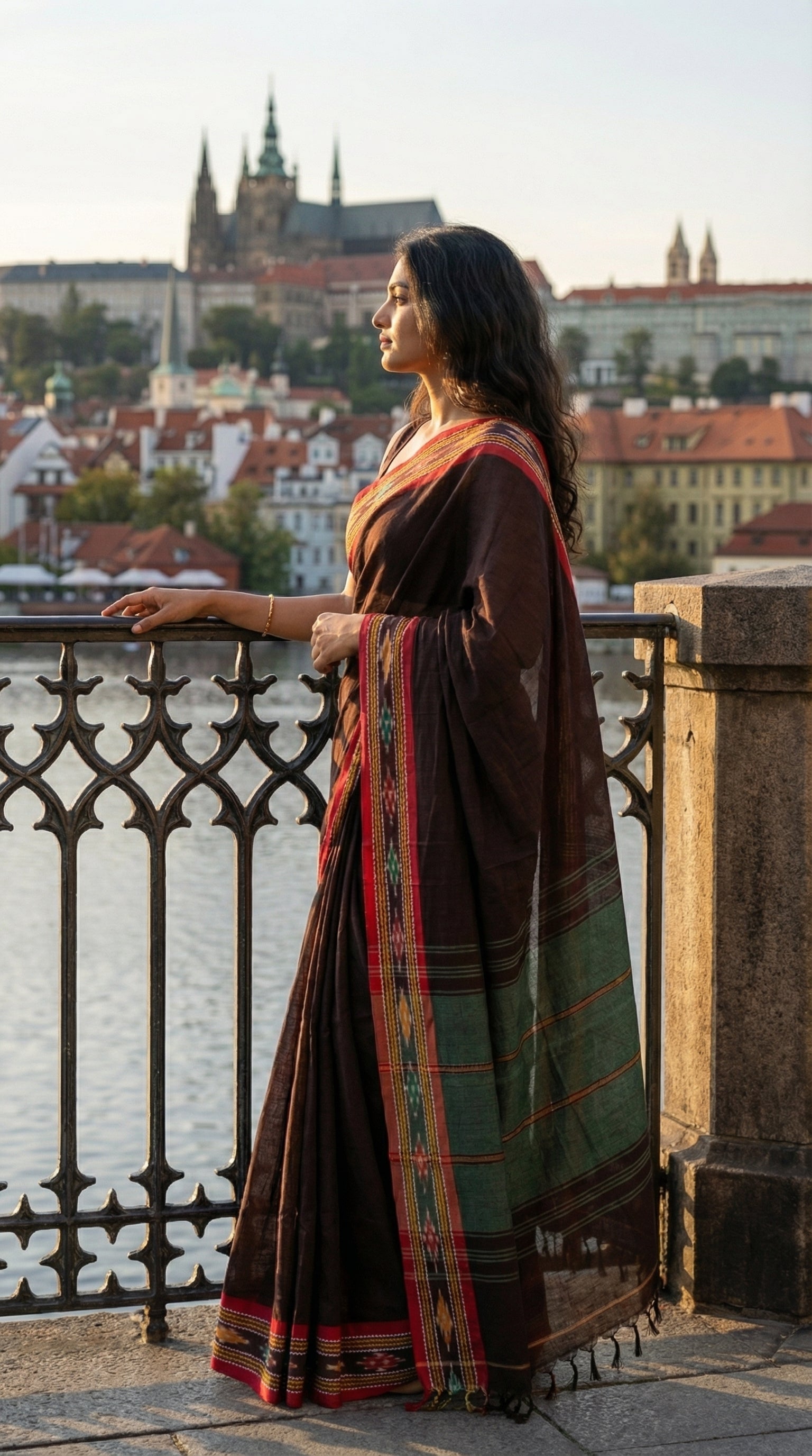 Woman in a brown-mul-cotton-ikat-saree, standing on a balcony with a cityscape in the background