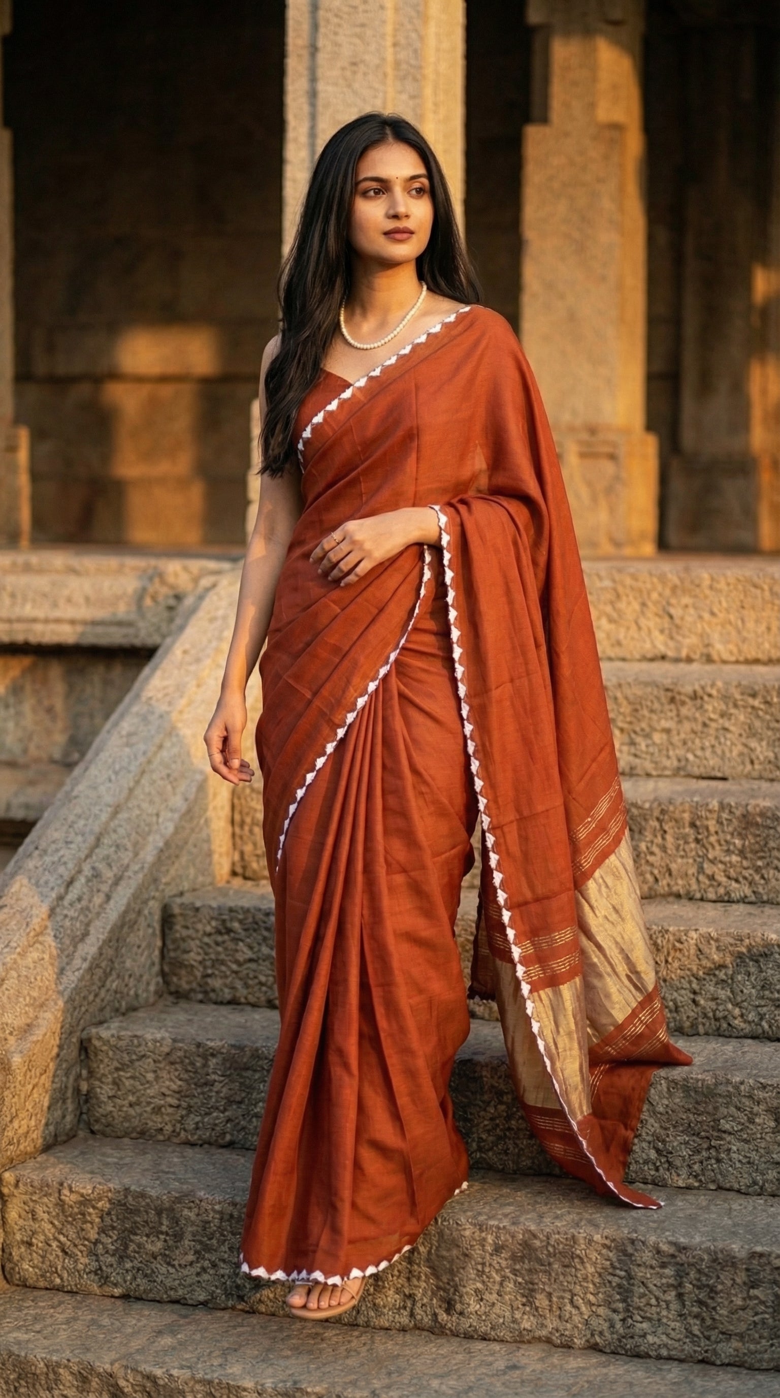 Woman in a burnt-orange-modal-silk-saree-lagdi-patta-pallu, walking down the stairs of an old architectural building.