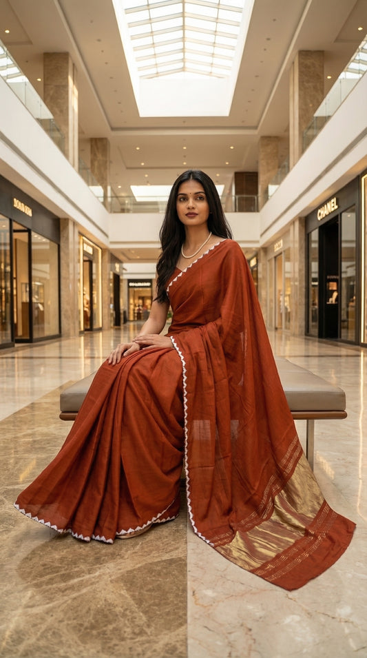 Woman in a burnt-orange-modal-silk-saree-lagdi-patta-pallu, sitting on a bench in a mall.