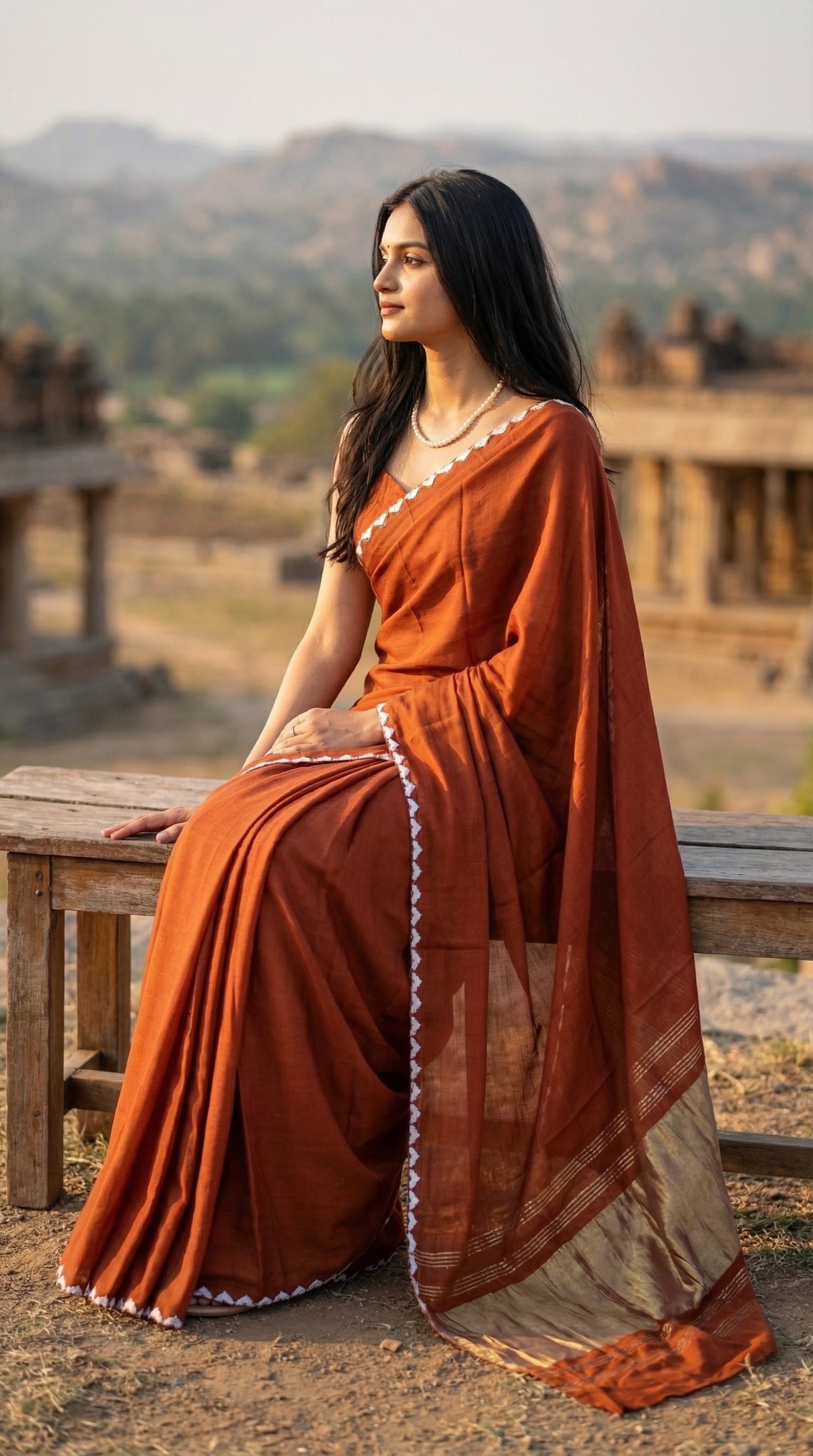 Woman in a burnt-orange-modal-silk-saree-lagdi-patta-pallu, sitting outdoors with mountains in the background