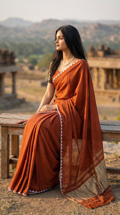 Woman in a burnt-orange-modal-silk-saree-lagdi-patta-pallu, sitting outdoors with mountains in the background