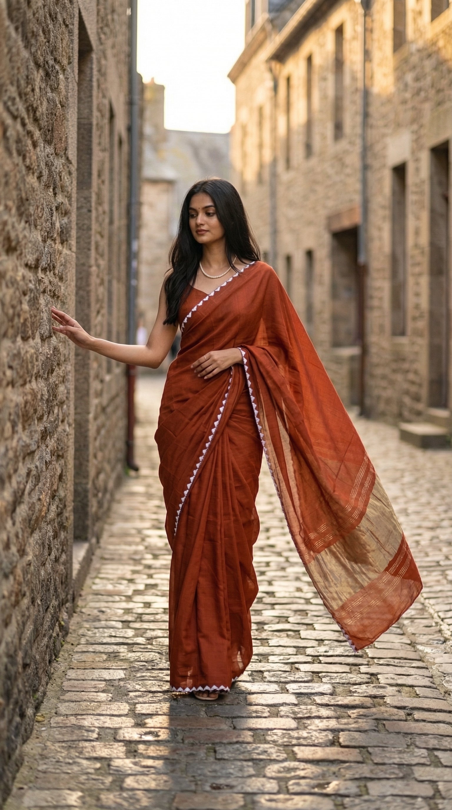Woman in a burnt-orange-modal-silk-saree-lagdi-patta-pallu, walkin on stone steps in a street.