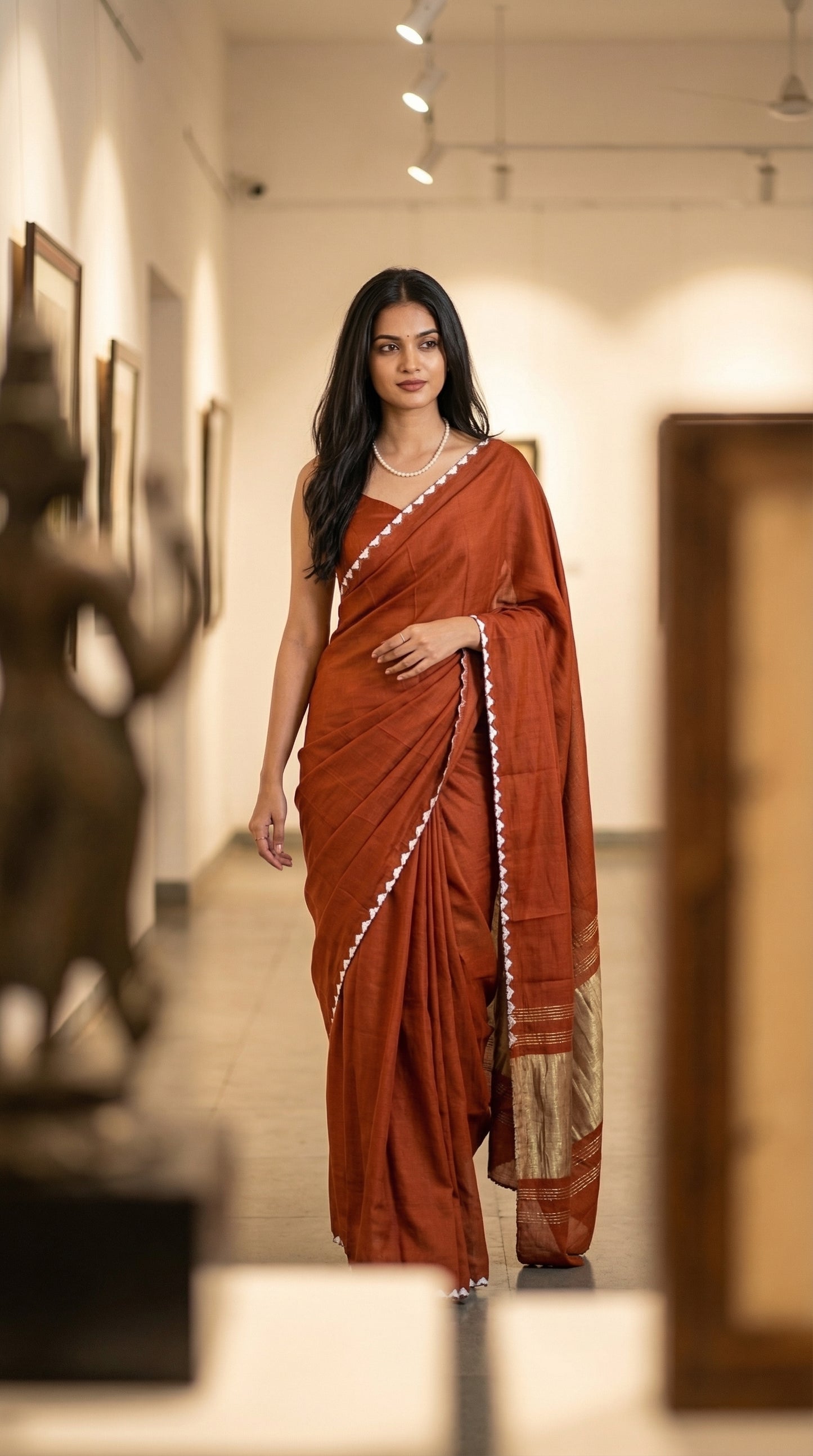 Woman in a burnt-orange-modal-silk-saree-lagdi-patta-pallu, walking in a museum corridor.