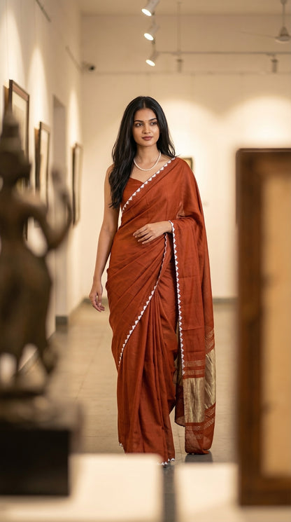 Woman in a burnt-orange-modal-silk-saree-lagdi-patta-pallu, walking in a museum corridor.
