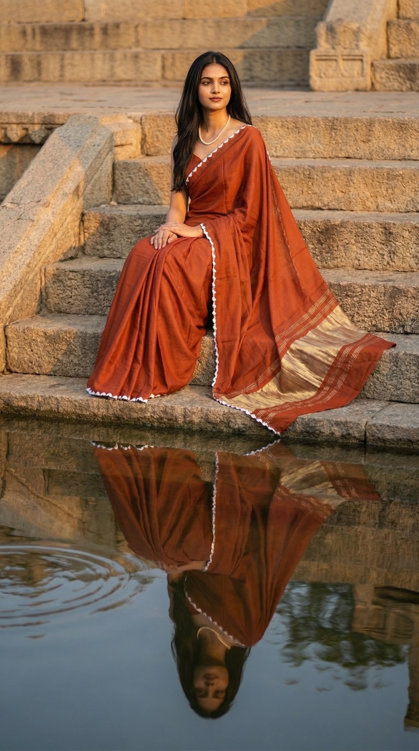 Woman in a burnt-orange-modal-silk-saree-lagdi-patta-pallu, sitting on steps by a reflective water surface.