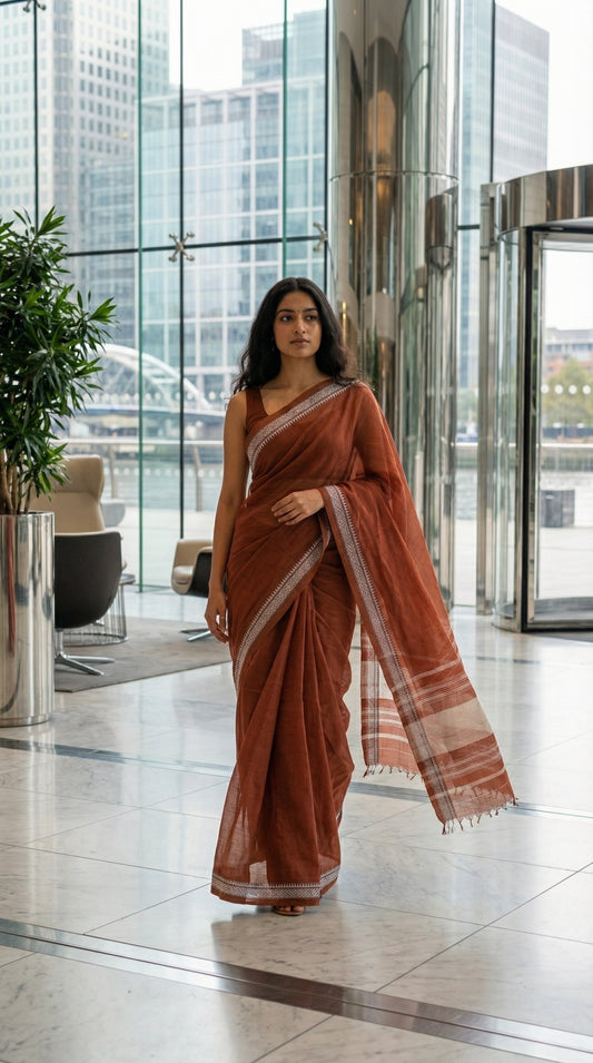 Woman in a burnt-orange-mul-cotton-saree, standing in a modern building lobby.