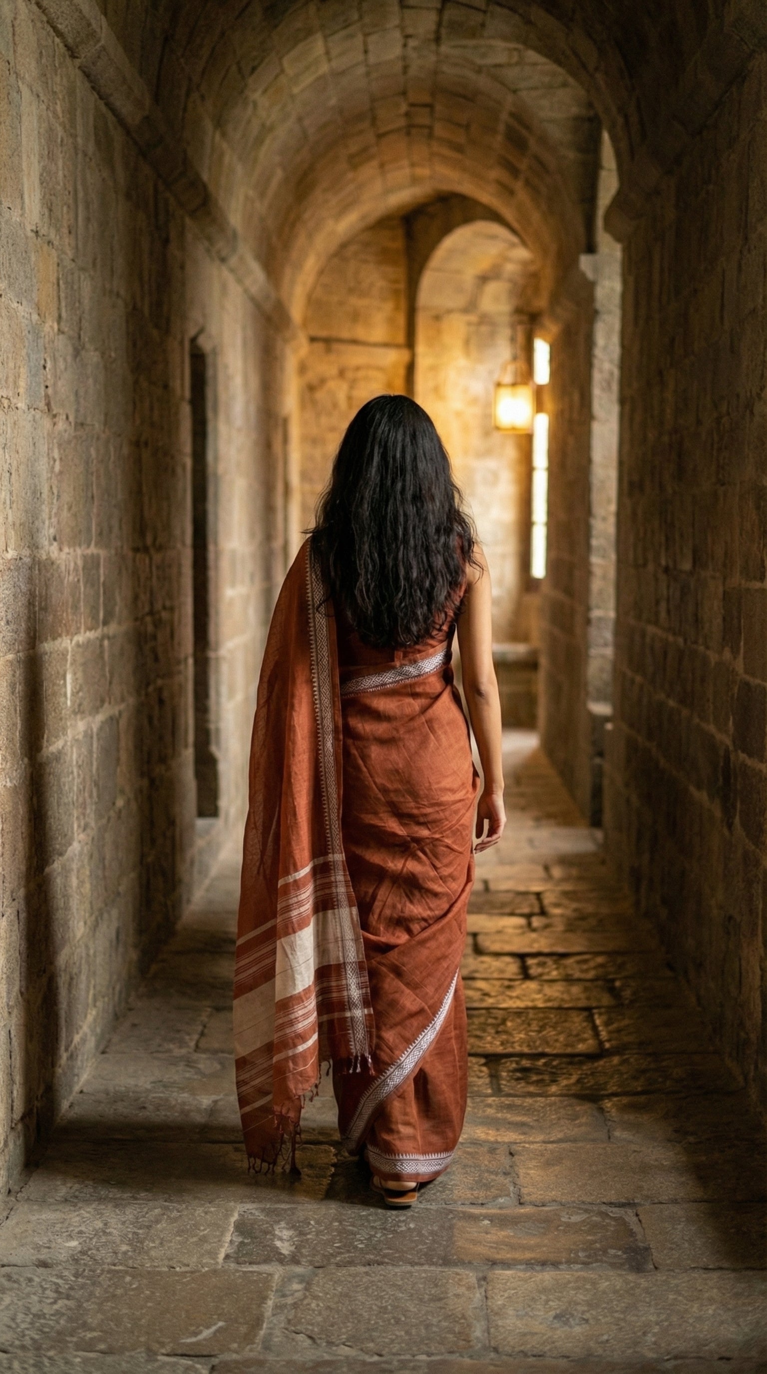 Woman in a burnt-orange-mul-cotton-saree, walking through a stone corridor with warm lighting.