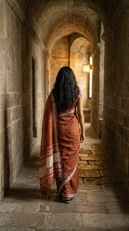 Woman in a burnt-orange-mul-cotton-saree, walking through a stone corridor with warm lighting.