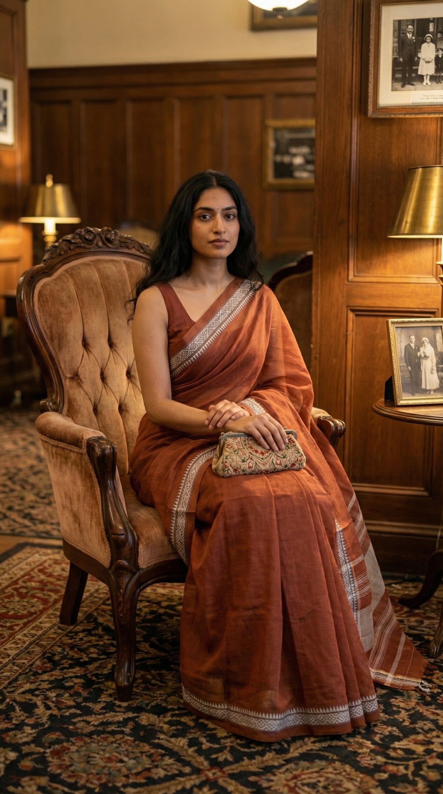 Woman in a traditional saree sitting on an ornate chair in a room with wooden paneling and vintage decor.