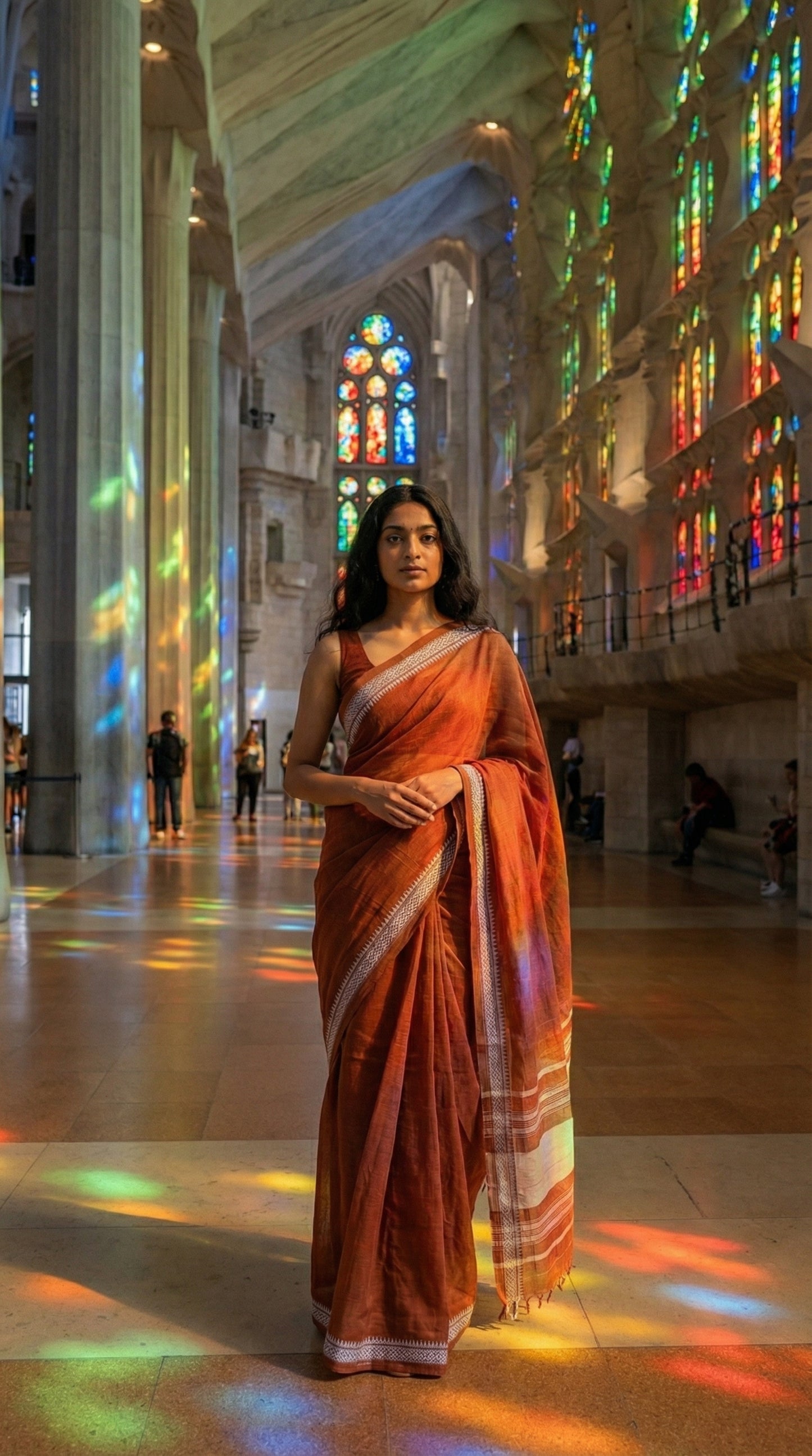 Woman in a burnt-orange-mul-cotton-saree, standing in a cathedral with colorful stained glass windows.