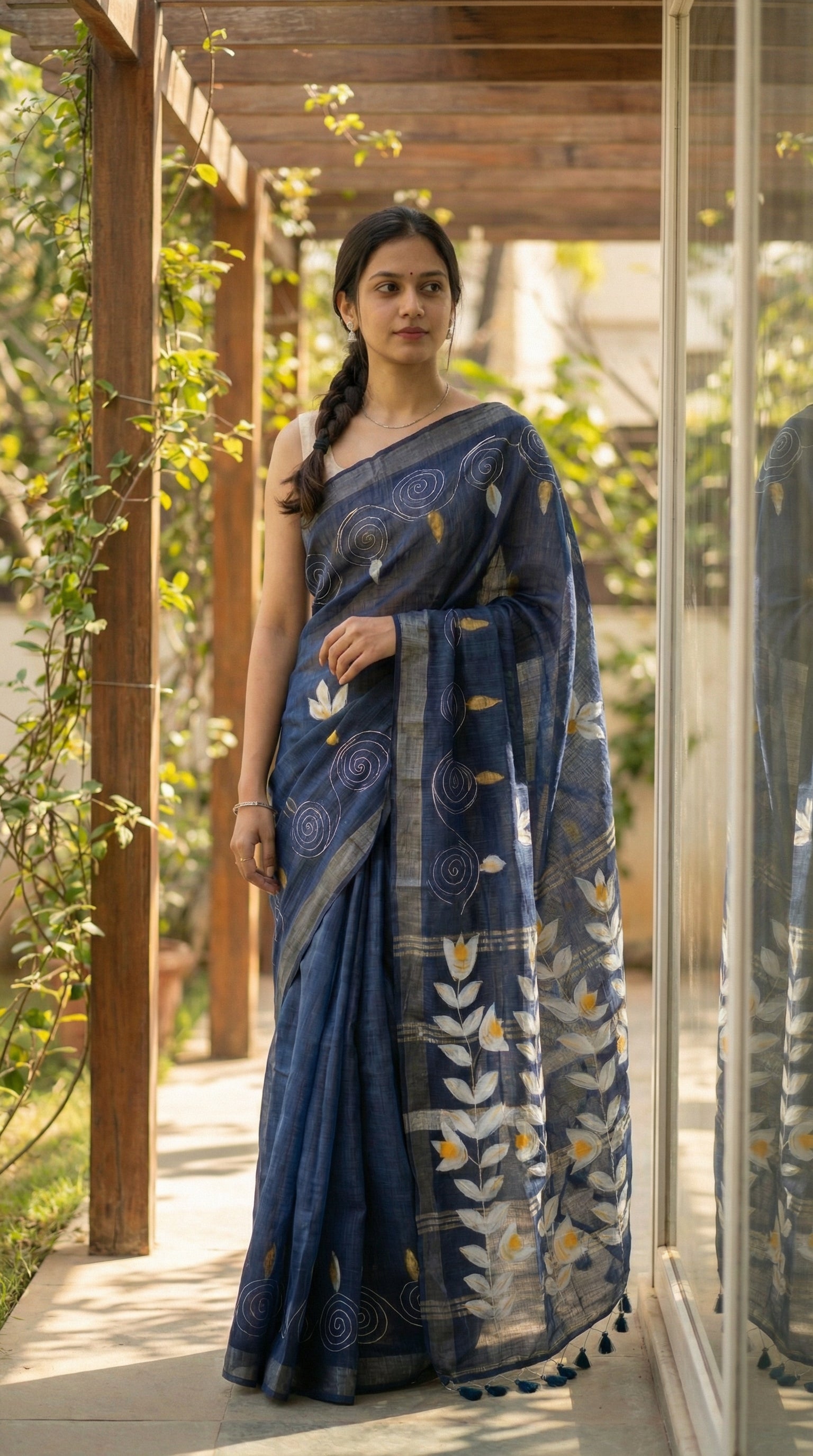 Woman in a charcoal grey hand painted cotton linen saree with floral motifs and tassel pallu, with floral patterns standing outdoors.