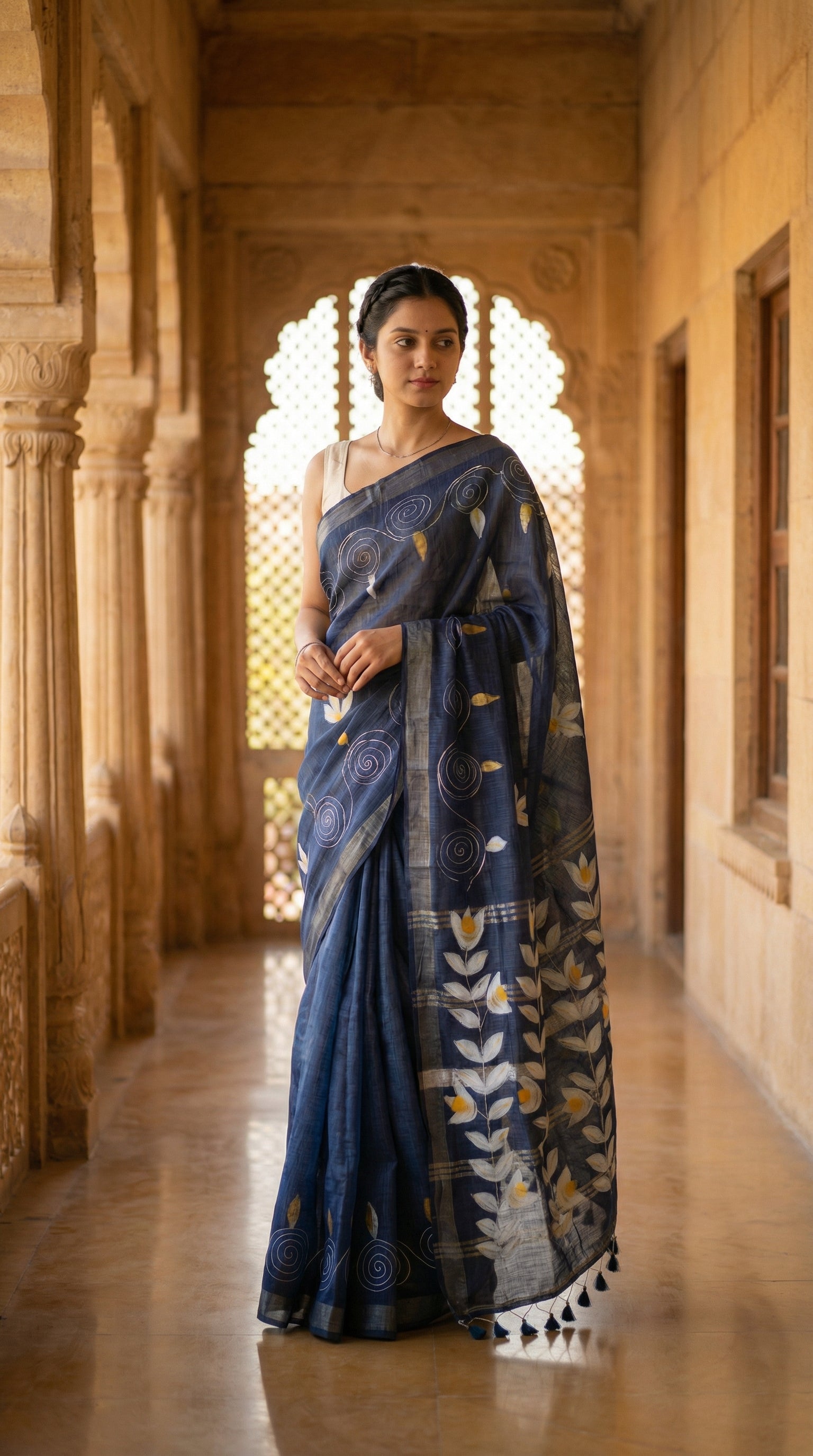Woman in a charcoal grey hand painted cotton linen saree with floral motifs and tassel pallu, standing in an architectural setting.