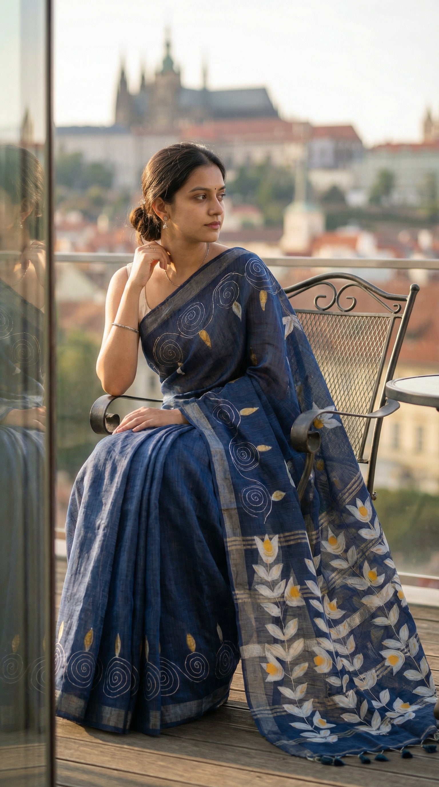 Woman in a charcoal grey hand painted cotton linen saree with floral motifs and tassel pallu, sitting on a balcony with a cityscape in the background.