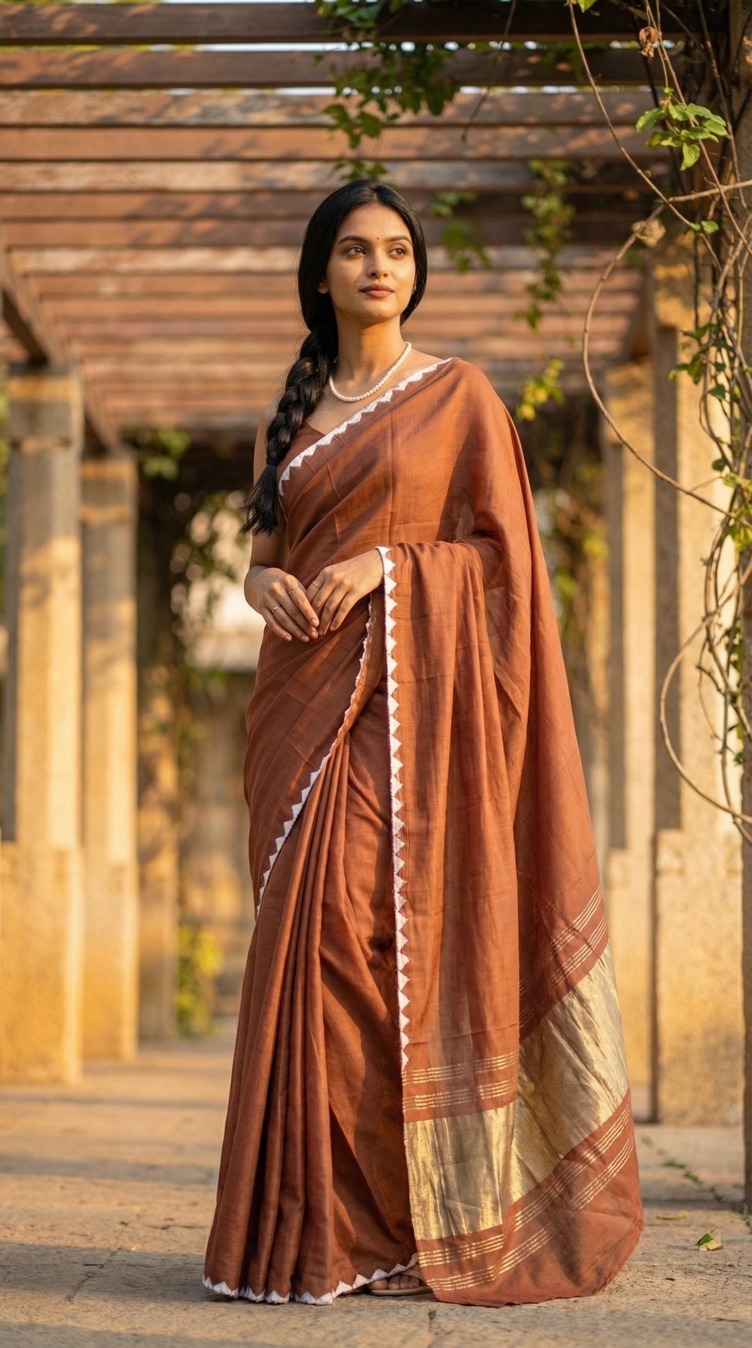 Woman wearing a chocolate-brown-modal-silk-saree-lagdi-patta-pallu, standing in a corridor outdoors.