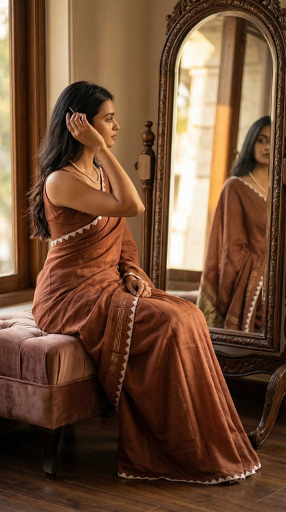 Woman wearing a chocolate-brown-modal-silk-saree-lagdi-patta-pallu, sitting on a chair next to an ornate mirror.