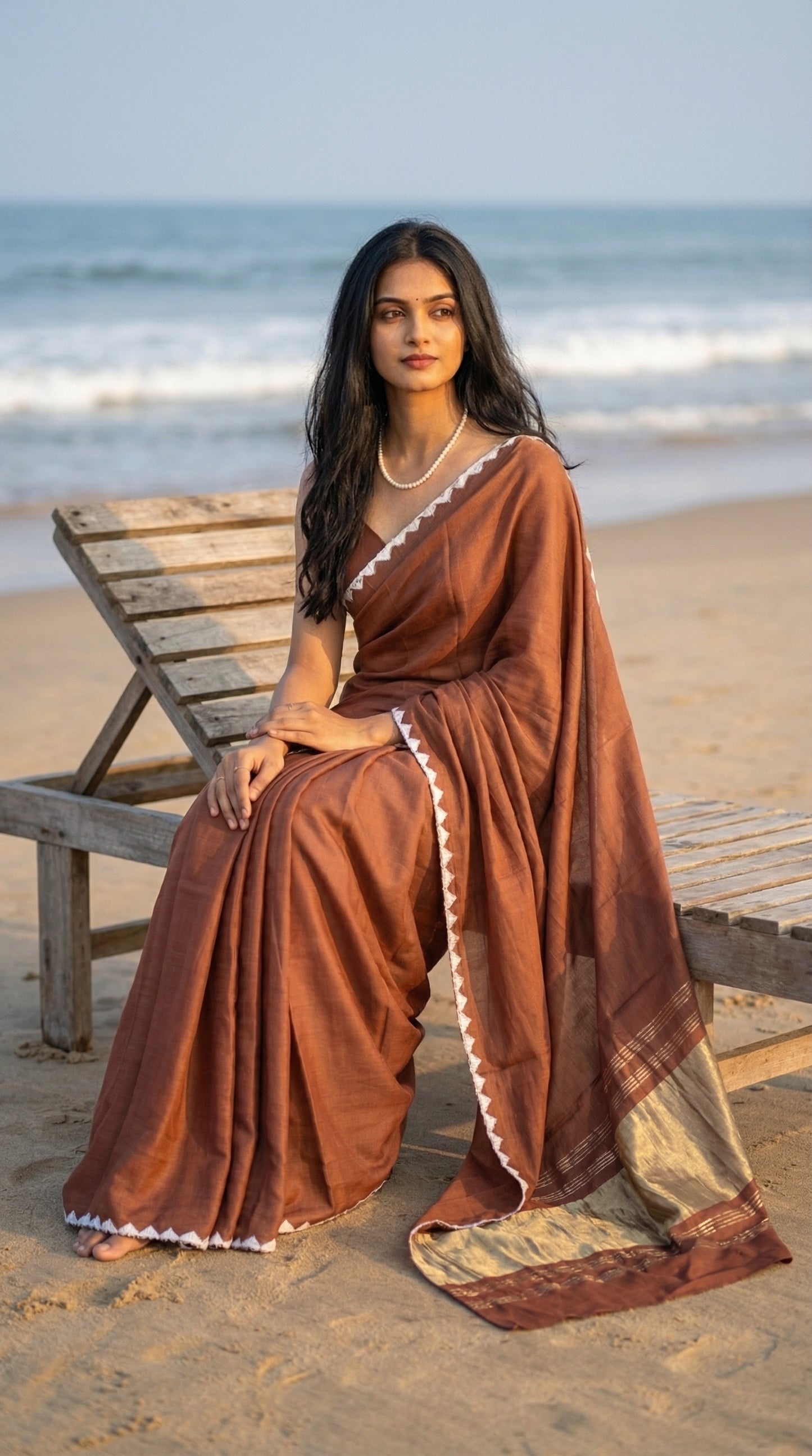 Woman wearing a chocolate-brown-modal-silk-saree-lagdi-patta-pallu, sitting on a wooden chair at the beach.