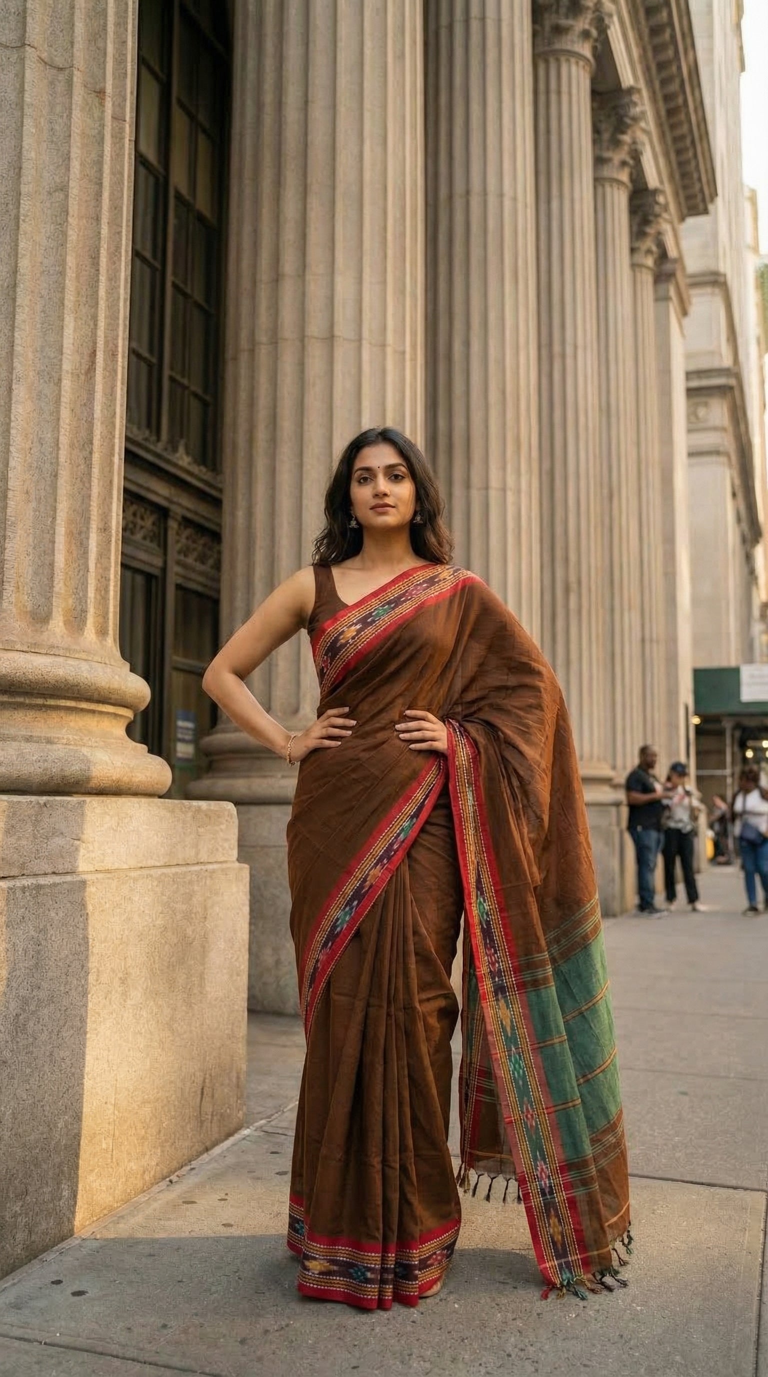 Woman in a chocolate-brown-mul-cotton-ikat-saree, standing in front of classical architecture