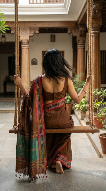 Woman in a chocolate-brown-mul-cotton-ikat-saree, sitting on a swing in a courtyard with plants and wooden architecture.