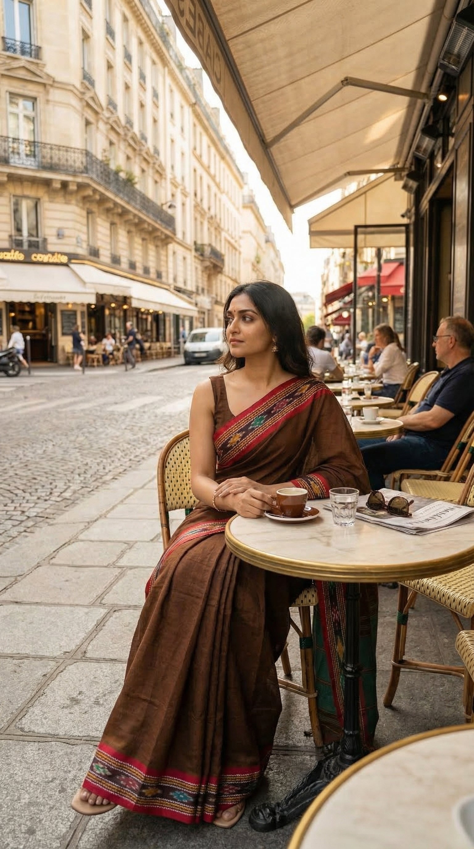 Woman in a chocolate-brown-mul-cotton-ikat-saree, sitting at an outdoor cafe table in a city street.