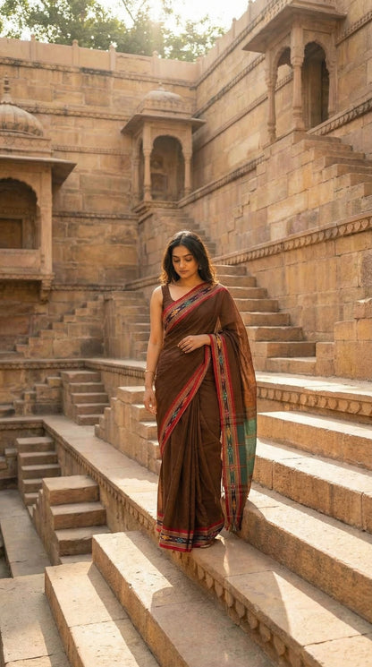 Woman in a chocolate-brown-mul-cotton-ikat-saree, walking up stone steps in an ancient architectural setting