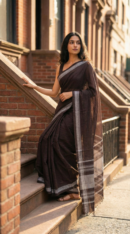 Woman in a chocolate-brown-mul-cotton-saree, standing on a staircase with brick walls and metal railing.