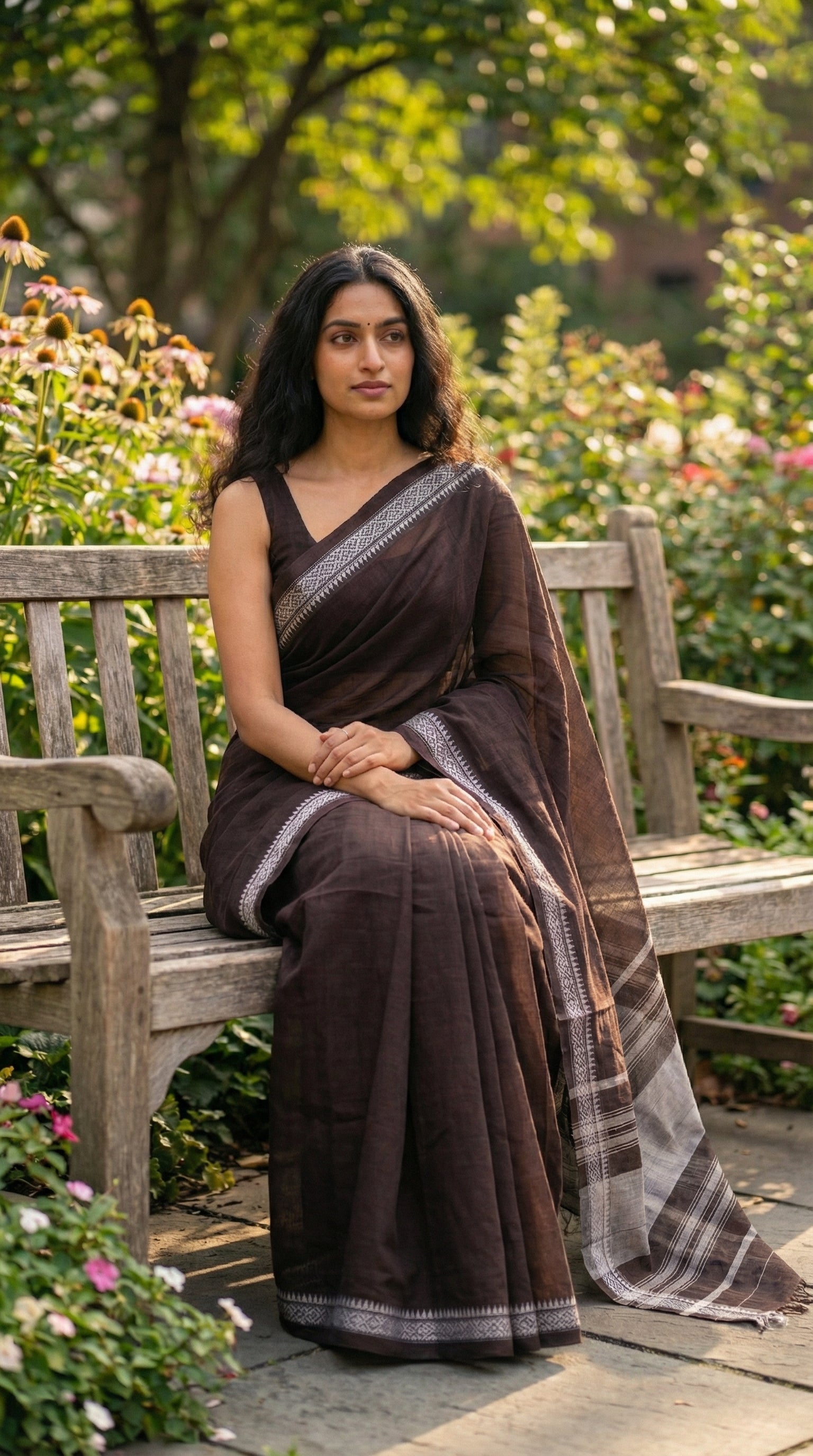 Woman in a chocolate-brown-mul-cotton-saree, sitting on a wooden bench in a garden.