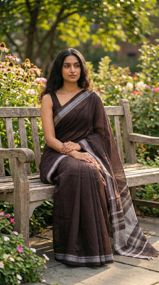 Woman in a chocolate-brown-mul-cotton-saree, sitting on a wooden bench in a garden.