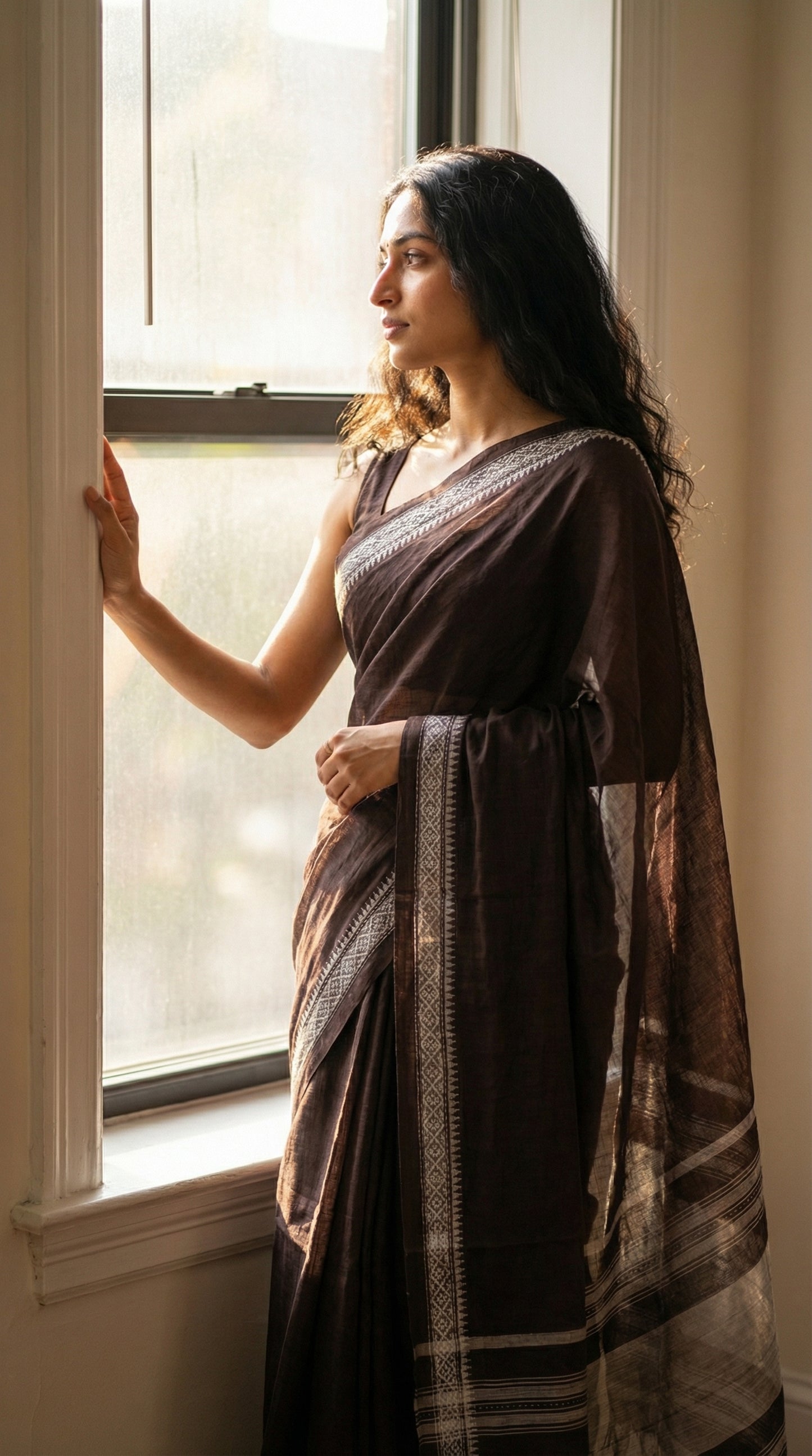 Woman in a chocolate-brown-mul-cotton-saree, standing by a window in a softly lit room