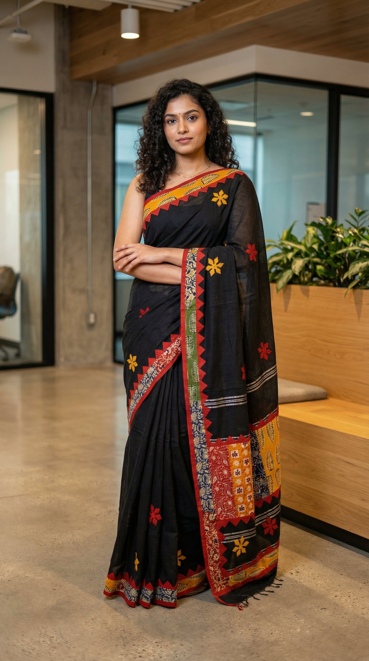 Woman wearing a black cotton saree with bold appliqué designs and traditional motifs, elegant ethnic wear for festive occasions in an indoor setting.
