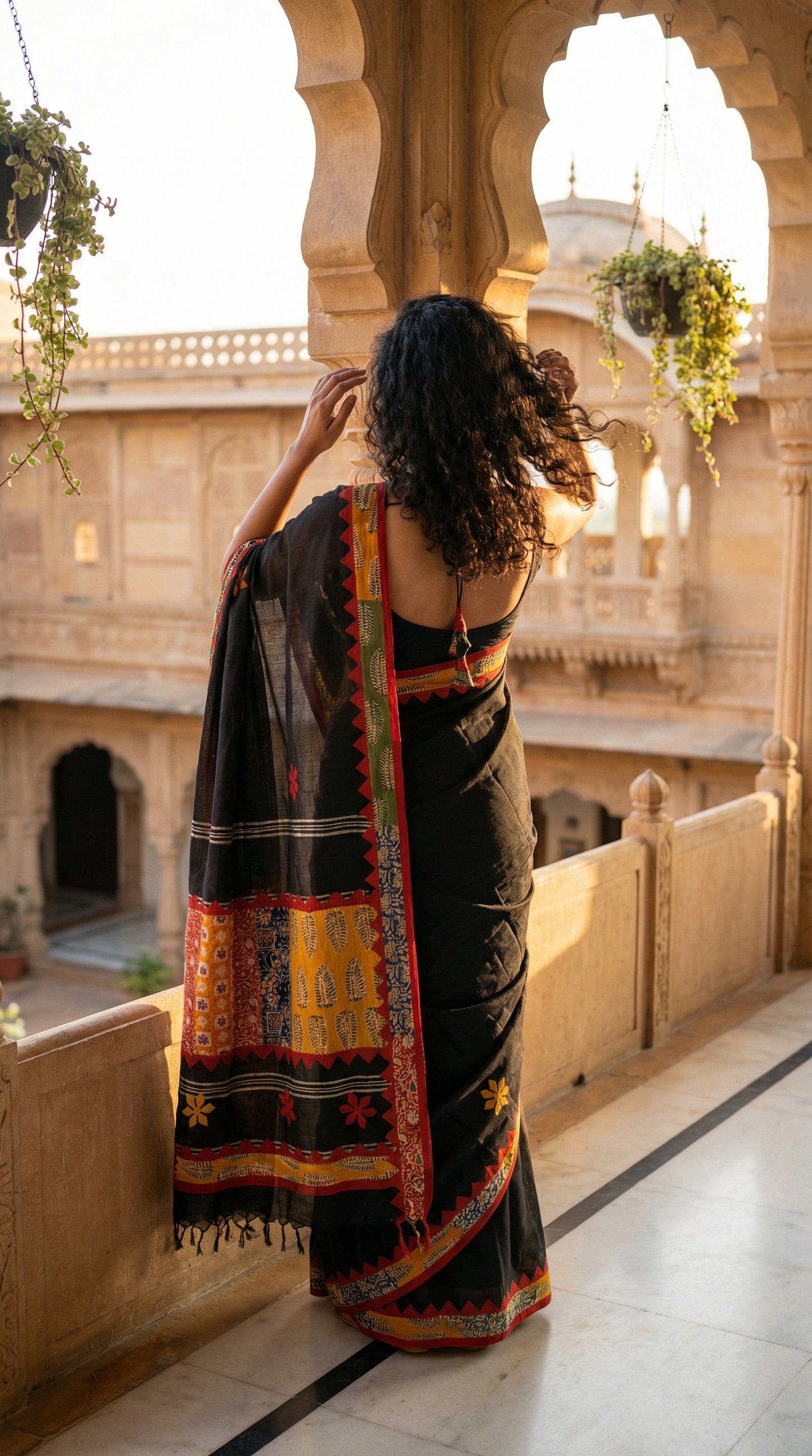 Woman in a black cotton saree with bold appliqué designs and traditional motifs, elegant ethnic wear for festive occasions standing on a balcony.