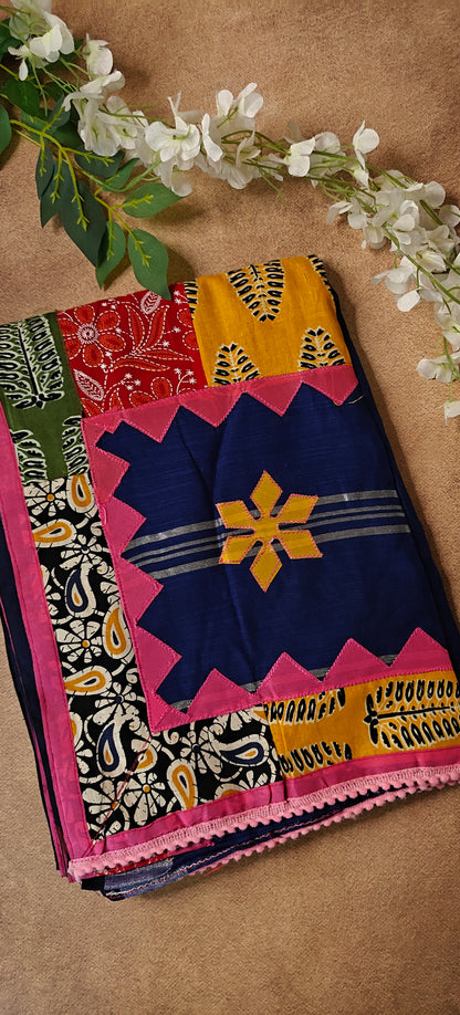 Blue cotton saree with multicolor patchwork and floral embroidery, breathable handcrafted Indian saree.