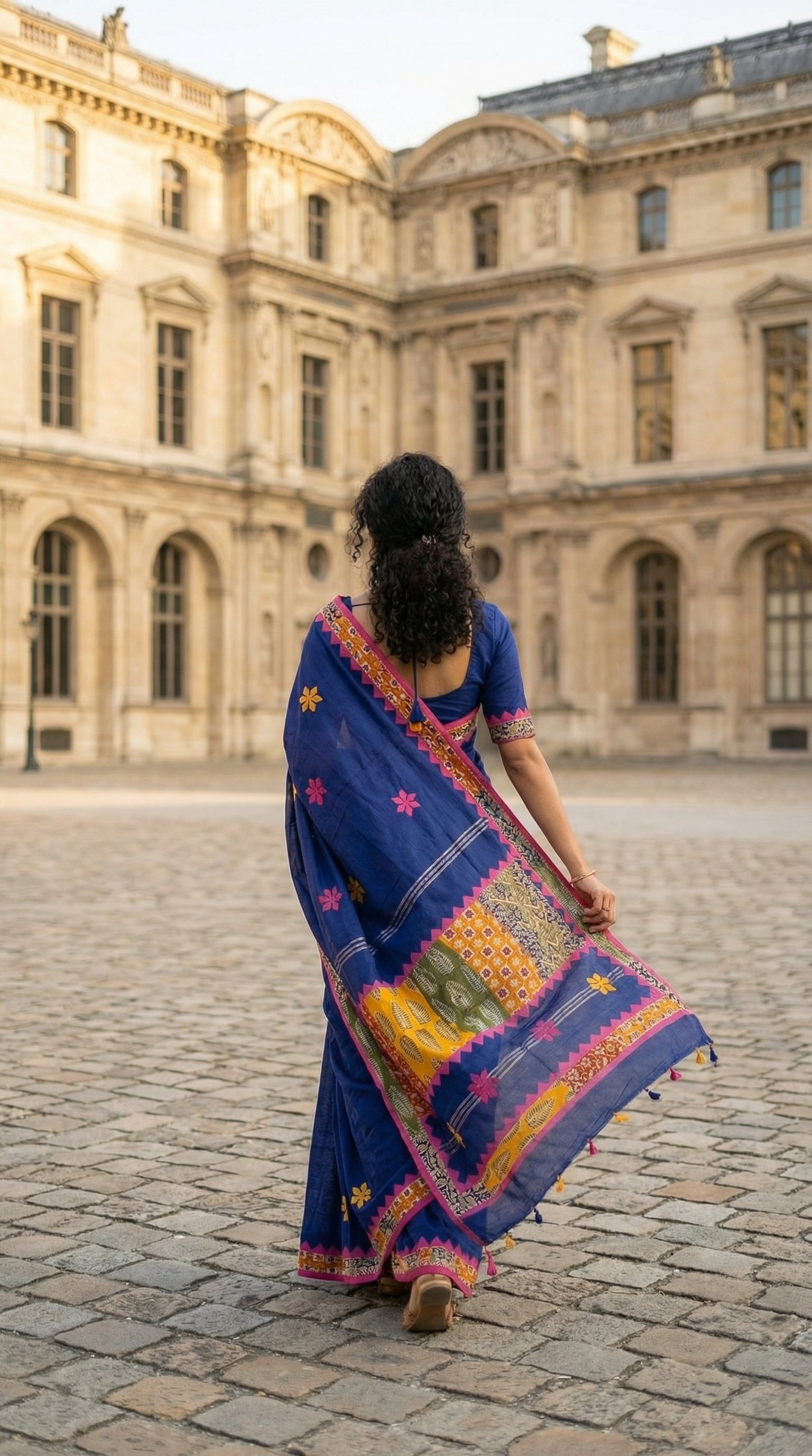 Woman wearing a blue cotton saree with multicolor patchwork and floral embroidery, walking in an outdoor setting with classical architecture.