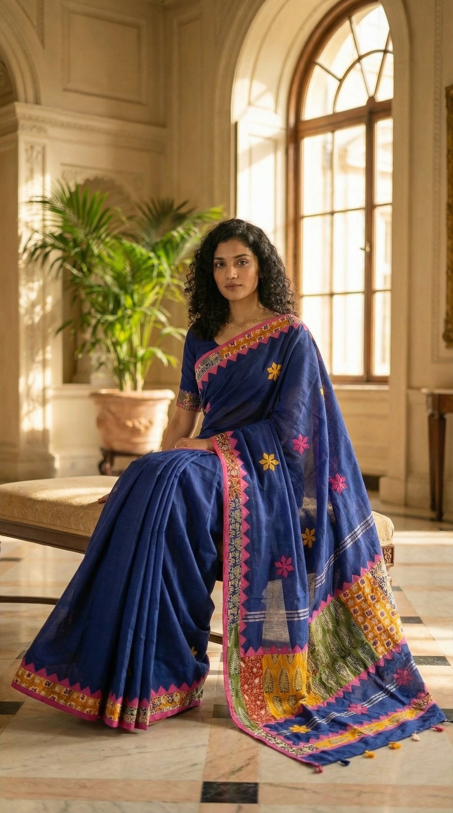 Woman wearing a blue cotton saree with multicolor patchwork and floral embroidery, sitting in a well-lit room.