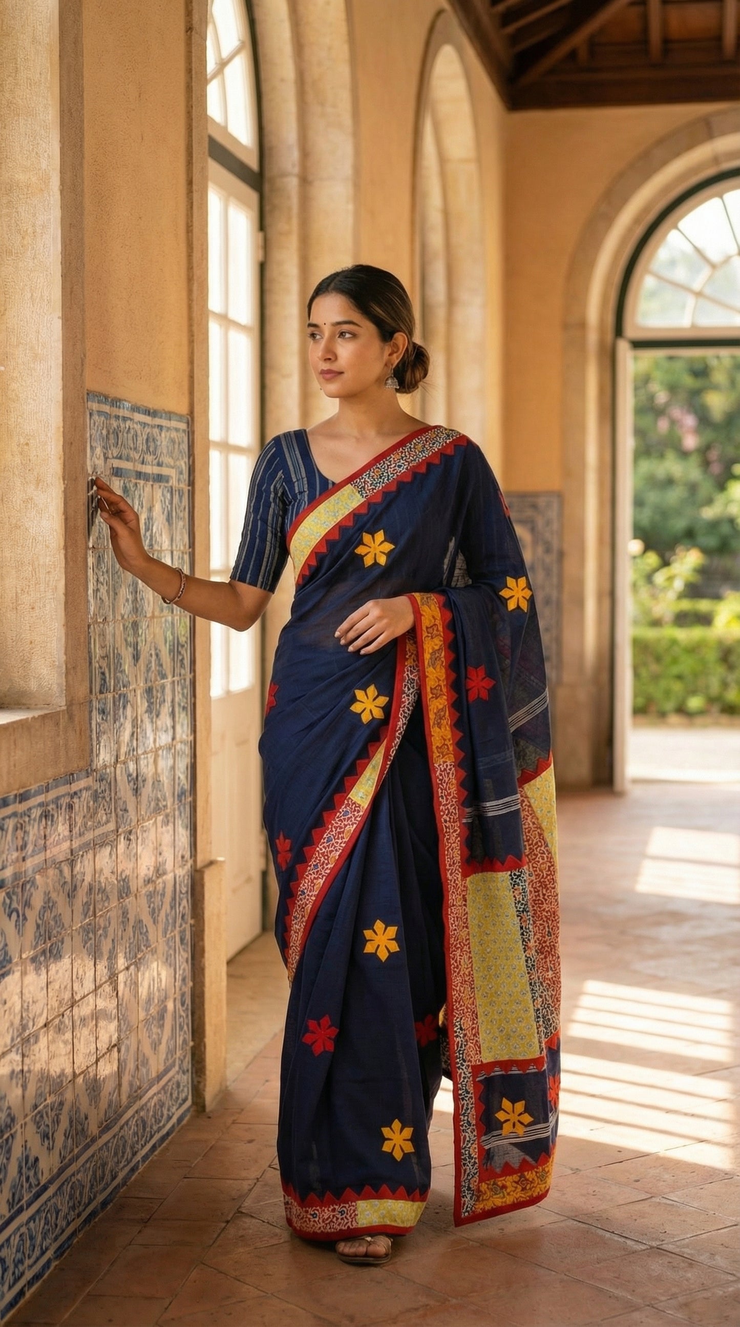 Woman in a navy blue cotton saree featuring vibrant appliqué panels and zigzag borders, artisan-made ethnic wear standing in a sunlit room with large windows.