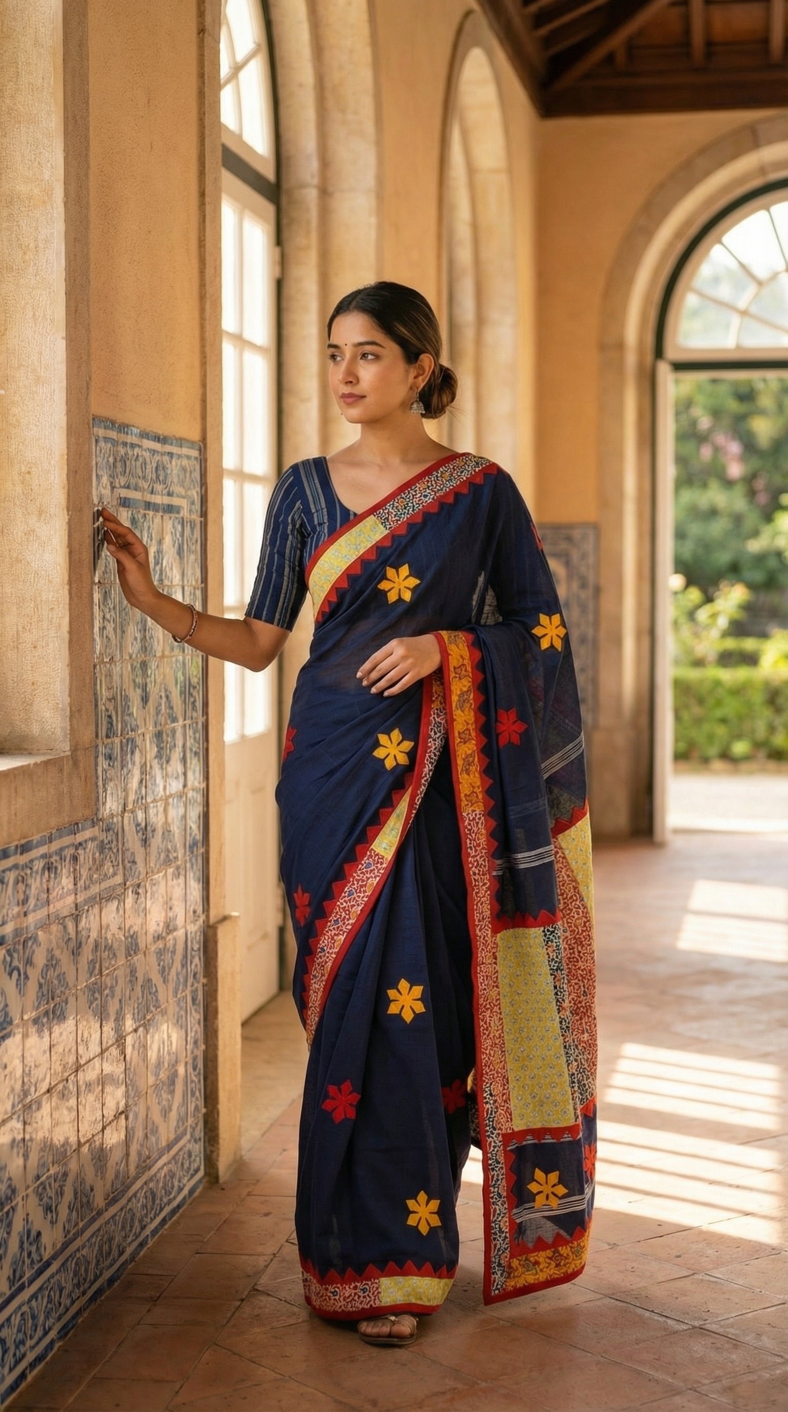 Woman in a navy blue cotton saree featuring vibrant appliqué panels and zigzag borders, artisan-made ethnic wear standing in a sunlit room with large windows.