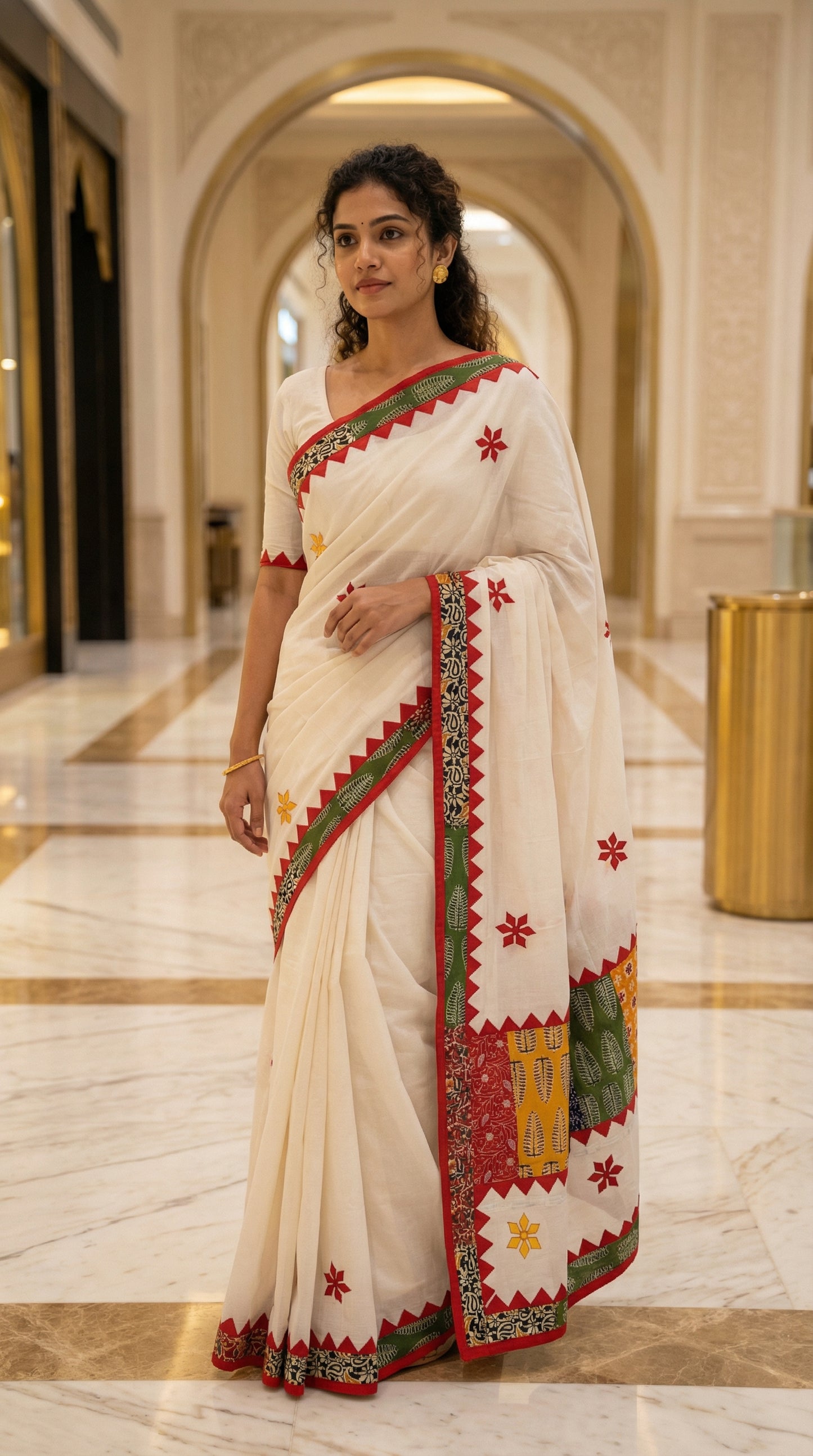 Woman wearing a white cotton saree with colorful appliqué patchwork and embroidered motifs, handcrafted traditional Indian attire in an elegant interior setting.
