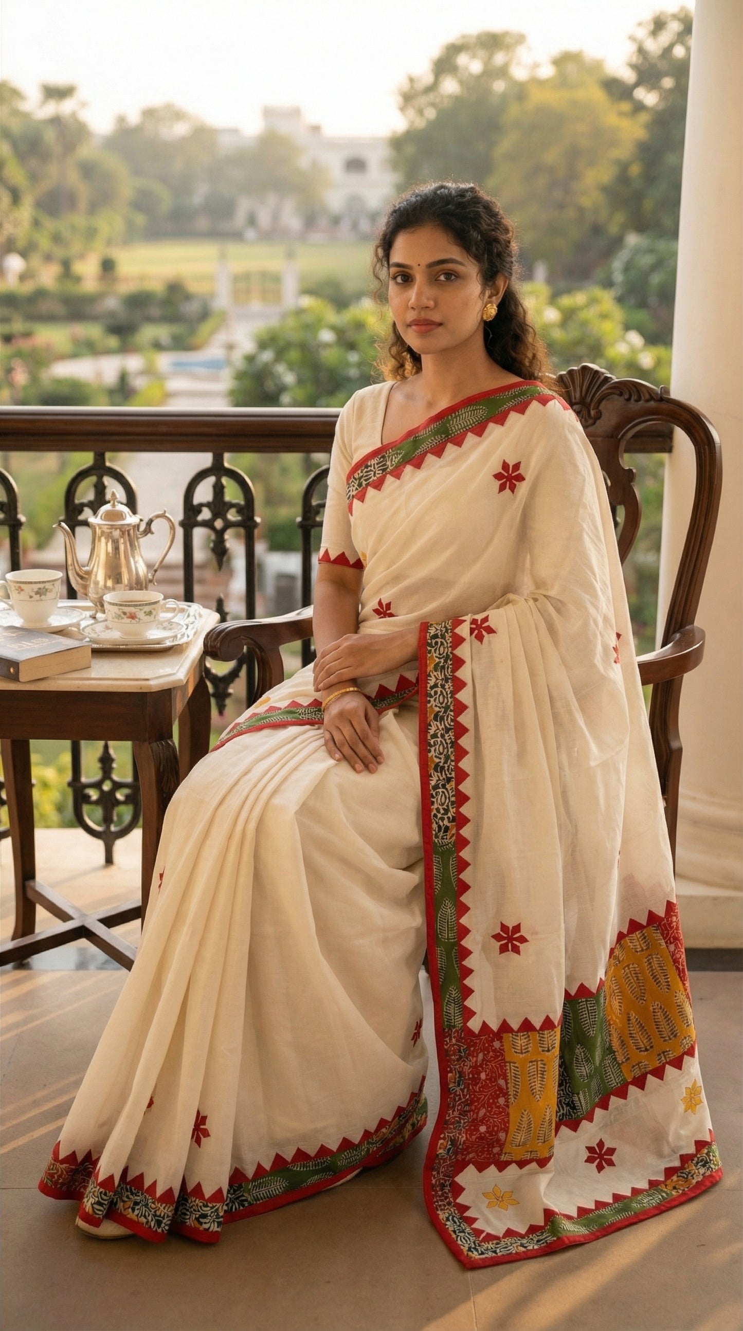 Woman in a white cotton saree with colorful appliqué patchwork and embroidered motifs, handcrafted traditional Indian attire sitting on a balcony with a scenic view.