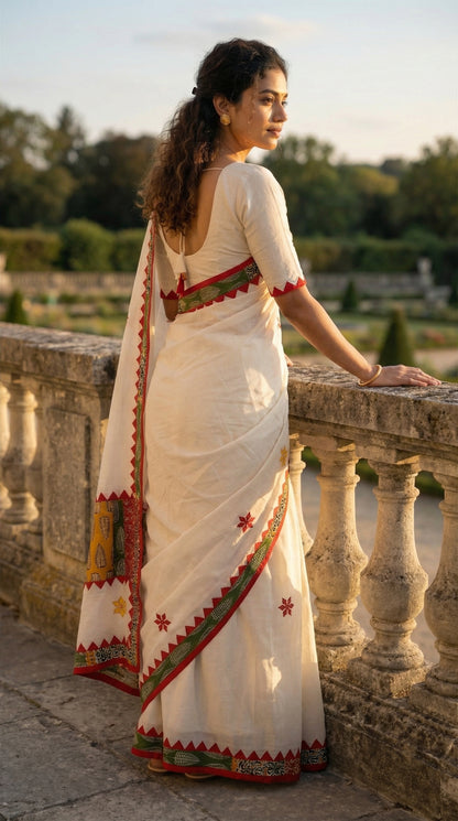 Woman in a white cotton saree with colorful appliqué patchwork and embroidered motifs, handcrafted traditional Indian attire standing on a stone balcony.