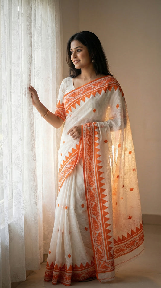 Woman wearing a white cotton Kota Doria saree with orange appliqué floral and geometric motifs, lightweight ethnic wear standing by a window.