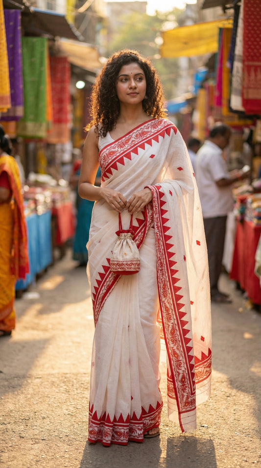 Woman in a white cotton Kota Doria saree with red appliqué floral and geometric motifs, lightweight ethnic wear standing in a market setting.