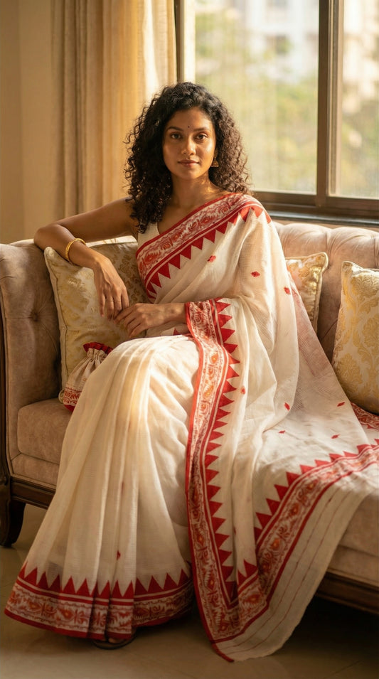 Woman in a white cotton Kota Doria saree with red appliqué floral and geometric motifs, lightweight ethnic wear sitting on a couch.