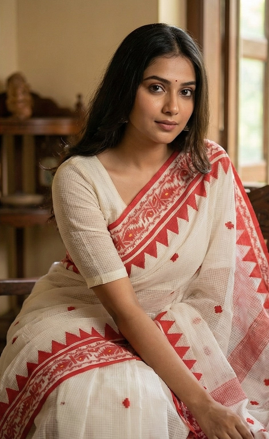 Woman wearing a white cotton Kota Doria saree with red appliqué floral and geometric motifs, lightweight ethnic wear indoors.