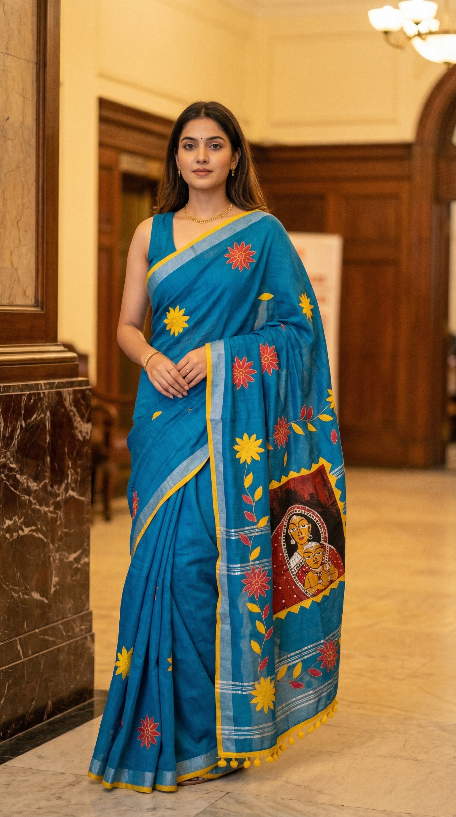 Woman in a blue cotton saree with hand-painted floral and artistic motifs, yellow border, and cultural pallu design, indoors.